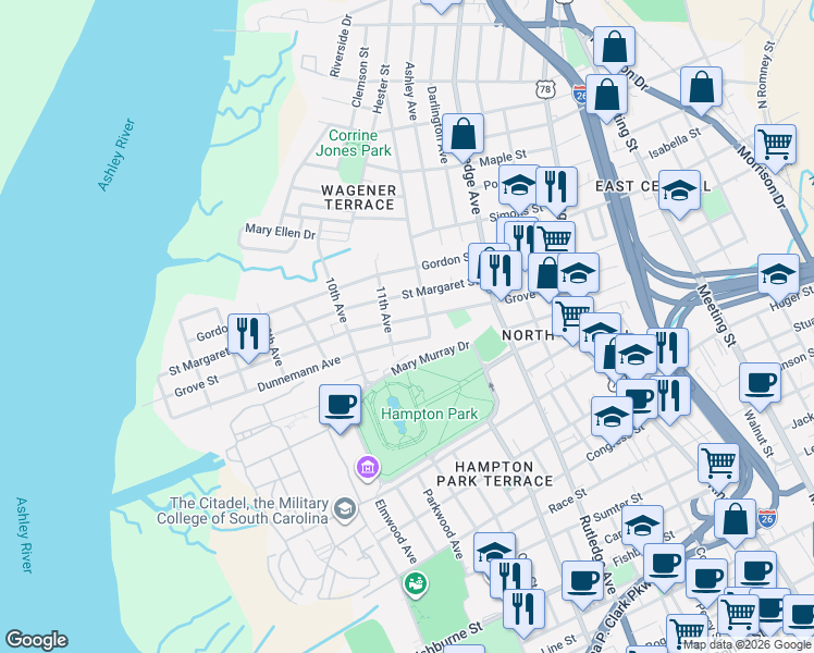 map of restaurants, bars, coffee shops, grocery stores, and more near 30 Dunnemann Avenue in Charleston