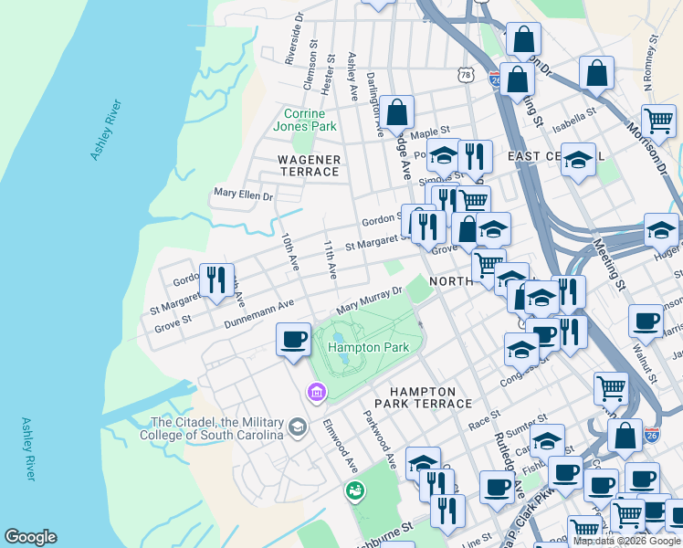 map of restaurants, bars, coffee shops, grocery stores, and more near 30 Dunnemann Avenue in Charleston
