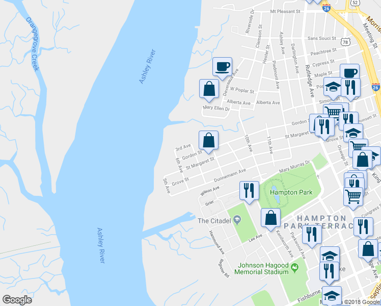map of restaurants, bars, coffee shops, grocery stores, and more near 237 Gordon Street in Charleston