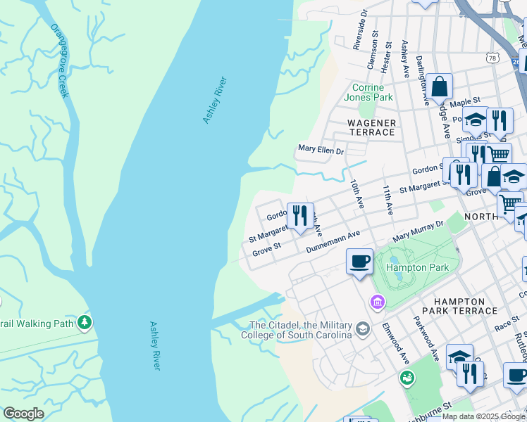 map of restaurants, bars, coffee shops, grocery stores, and more near 237 Gordon Street in Charleston