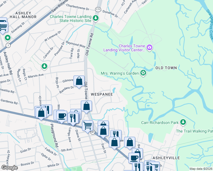 map of restaurants, bars, coffee shops, grocery stores, and more near 6 Ponce De Leon Avenue in Charleston