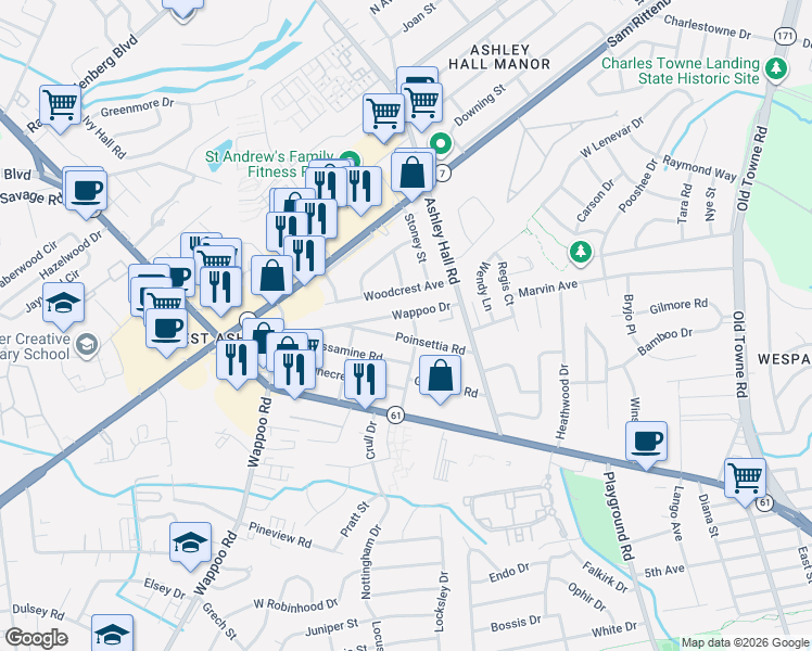 map of restaurants, bars, coffee shops, grocery stores, and more near 1609 Poinsettia Road in Charleston