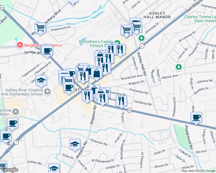 map of restaurants, bars, coffee shops, grocery stores, and more near 1720 Jessamine Road in Charleston