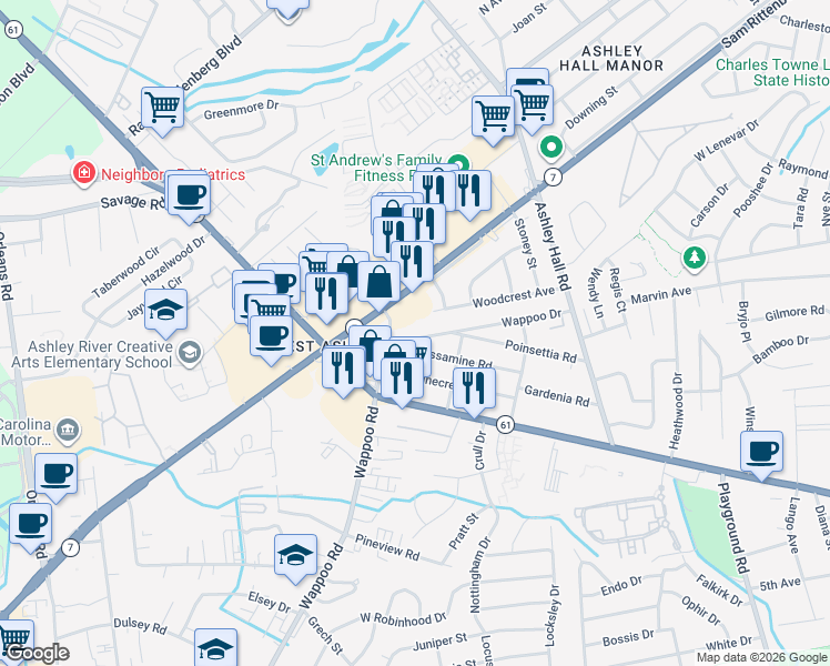 map of restaurants, bars, coffee shops, grocery stores, and more near 1720 Jessamine Road in Charleston