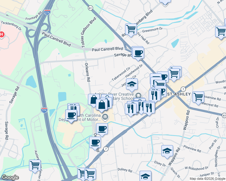 map of restaurants, bars, coffee shops, grocery stores, and more near 1915 Hazelwood Drive in Charleston