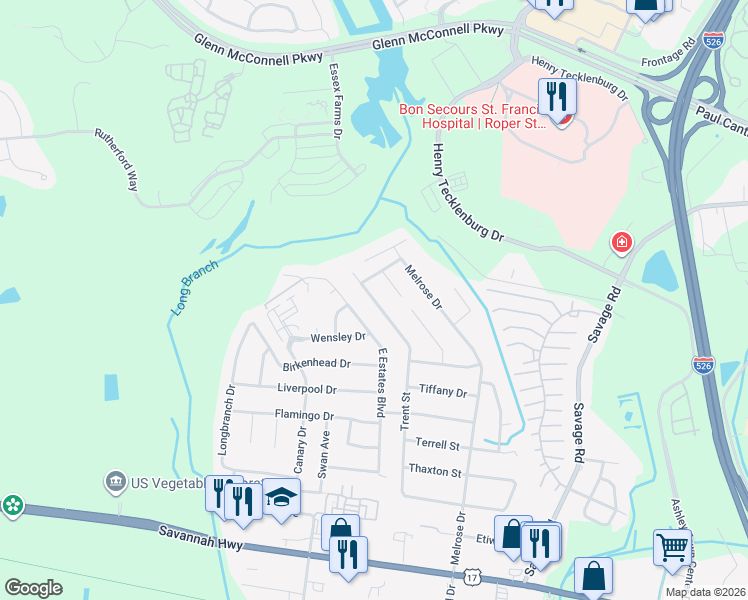 map of restaurants, bars, coffee shops, grocery stores, and more near 904 East Estates Boulevard in Charleston