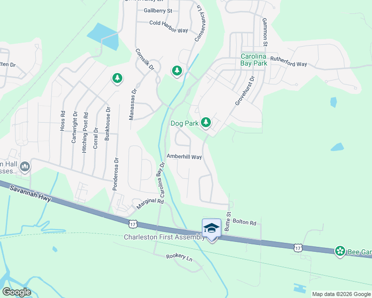 map of restaurants, bars, coffee shops, grocery stores, and more near 2932 Amberhill Way in Charleston