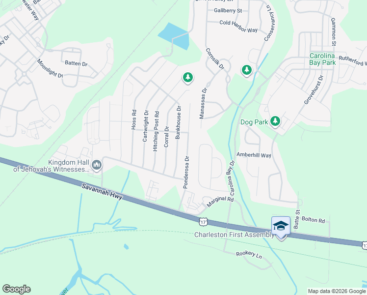map of restaurants, bars, coffee shops, grocery stores, and more near 691 Ponderosa Drive in Charleston