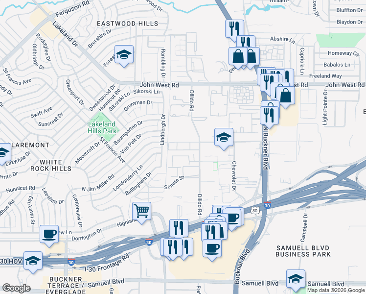 map of restaurants, bars, coffee shops, grocery stores, and more near 1540 Chenault Street in Dallas