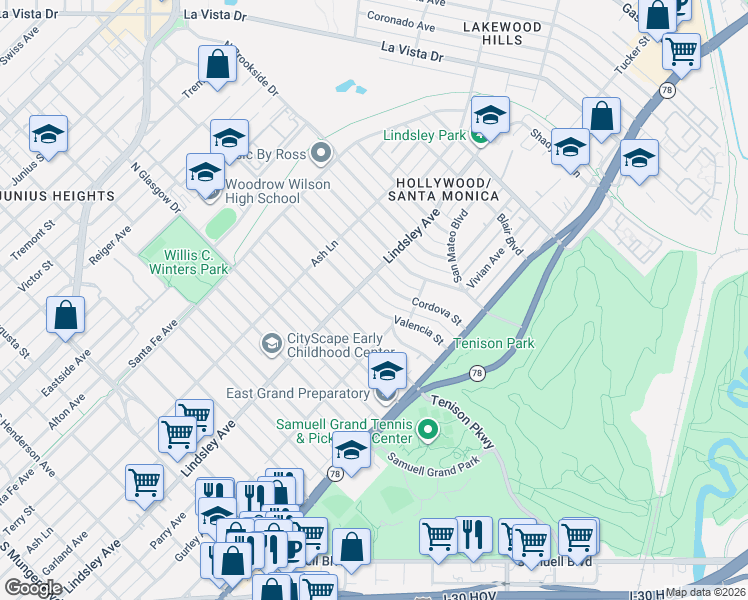 map of restaurants, bars, coffee shops, grocery stores, and more near 912 Valencia Street in Dallas