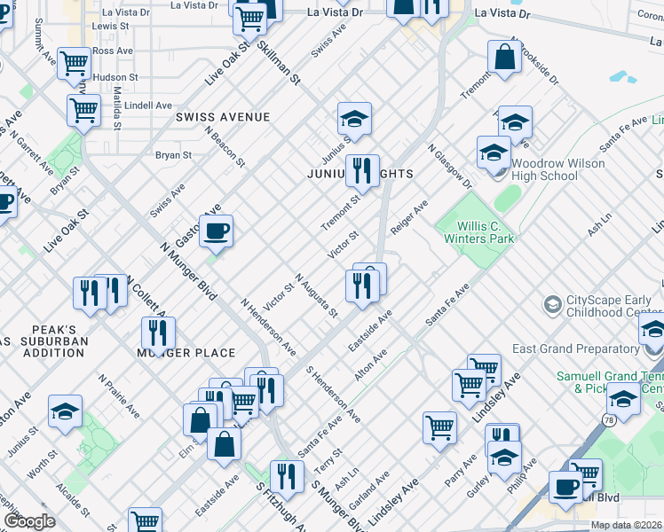 map of restaurants, bars, coffee shops, grocery stores, and more near 5537 Reiger Avenue in Dallas