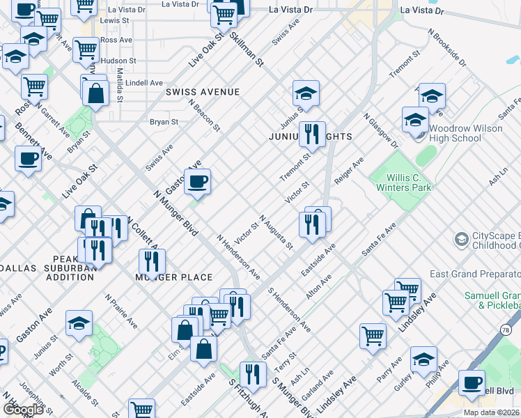 map of restaurants, bars, coffee shops, grocery stores, and more near 5503 Tremont Street in Dallas