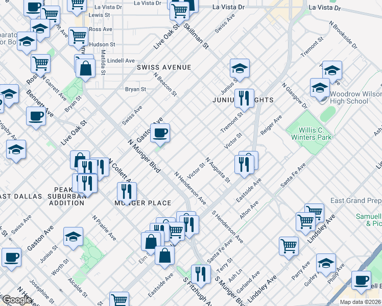 map of restaurants, bars, coffee shops, grocery stores, and more near 5416 Tremont Street in Dallas