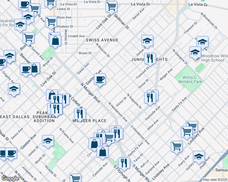 map of restaurants, bars, coffee shops, grocery stores, and more near 5327 Tremont Street in Dallas
