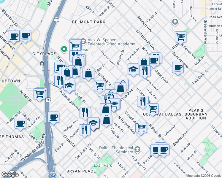 map of restaurants, bars, coffee shops, grocery stores, and more near 4212 Munger Avenue in Dallas
