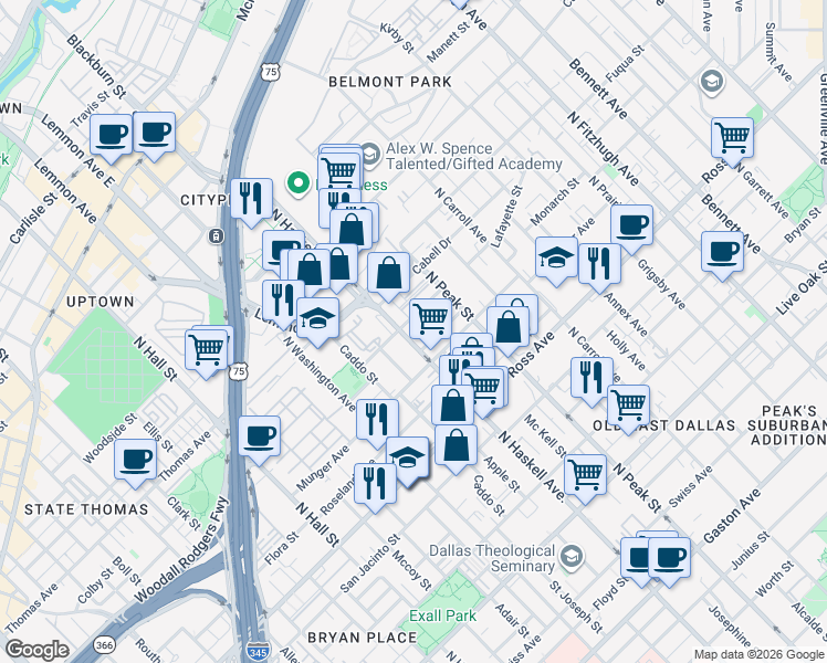 map of restaurants, bars, coffee shops, grocery stores, and more near 1916 North Haskell Avenue in Dallas