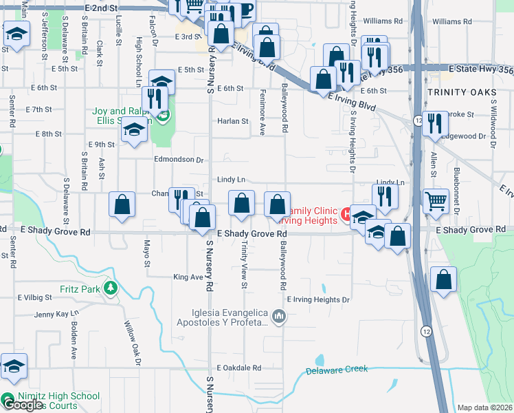 map of restaurants, bars, coffee shops, grocery stores, and more near 1313 East Shady Grove Road in Irving