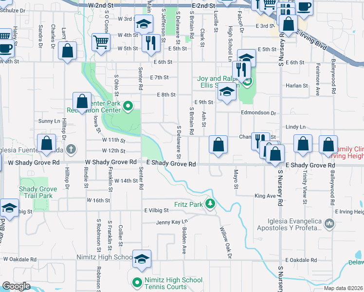 map of restaurants, bars, coffee shops, grocery stores, and more near 1204 South Delaware Street in Irving