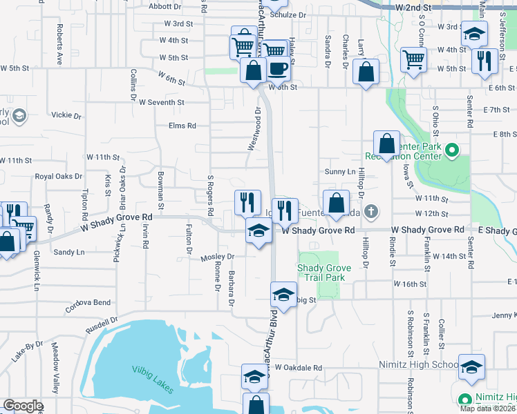 map of restaurants, bars, coffee shops, grocery stores, and more near 1215 South Macarthur Boulevard in Irving