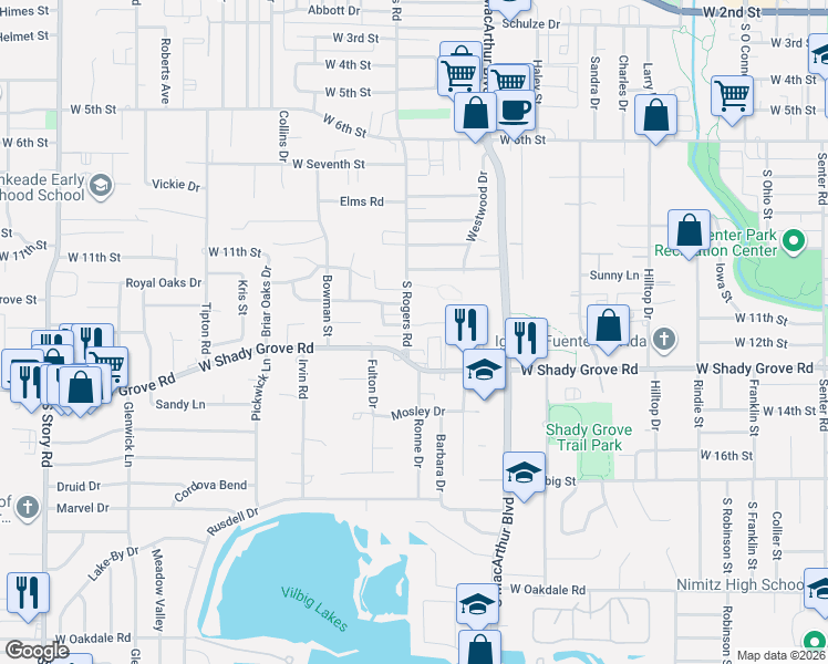map of restaurants, bars, coffee shops, grocery stores, and more near 1216 South Rogers Road in Irving