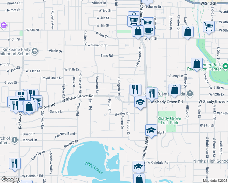 map of restaurants, bars, coffee shops, grocery stores, and more near 1523 West Shady Grove Road in Irving