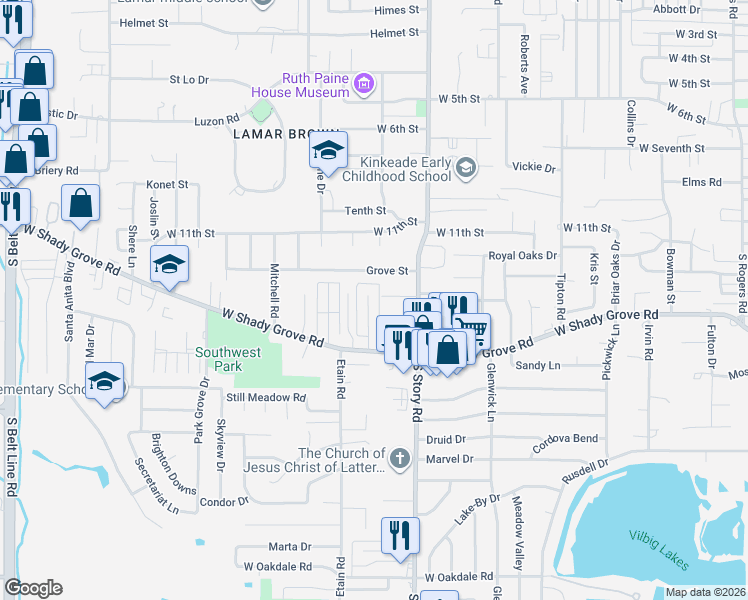 map of restaurants, bars, coffee shops, grocery stores, and more near 1223 Willow Wood Court in Irving