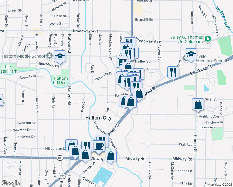 map of restaurants, bars, coffee shops, grocery stores, and more near 5424 Fossil Drive in Fort Worth