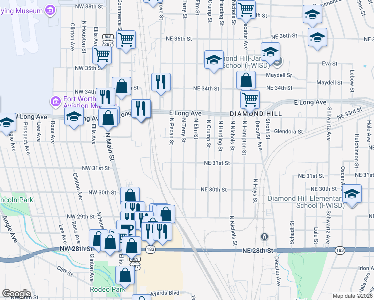 map of restaurants, bars, coffee shops, grocery stores, and more near 3207 North Elm Street in Fort Worth