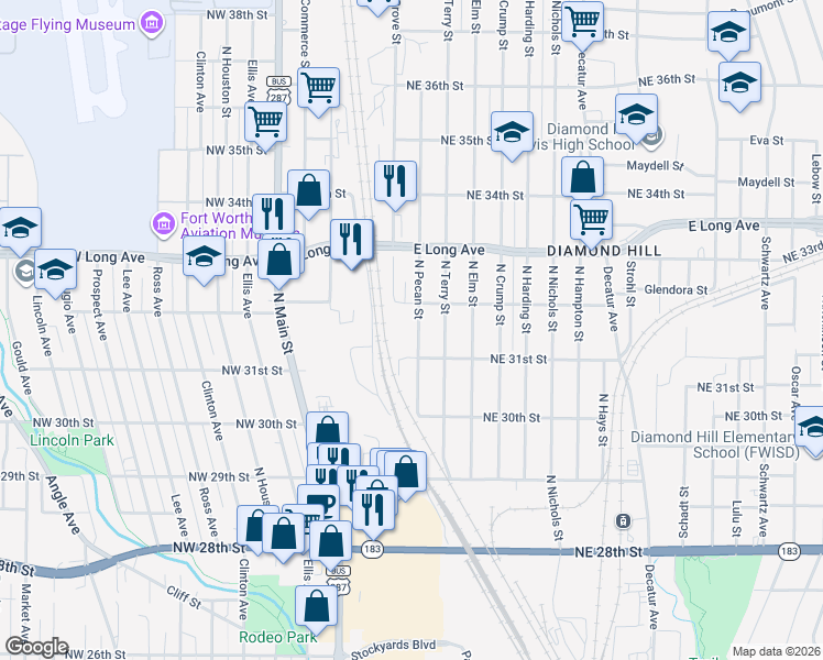 map of restaurants, bars, coffee shops, grocery stores, and more near 3222 North Grove Street in Fort Worth