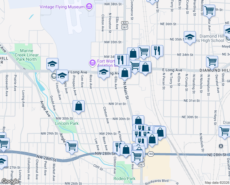 map of restaurants, bars, coffee shops, grocery stores, and more near 3113 Ellis Avenue in Fort Worth