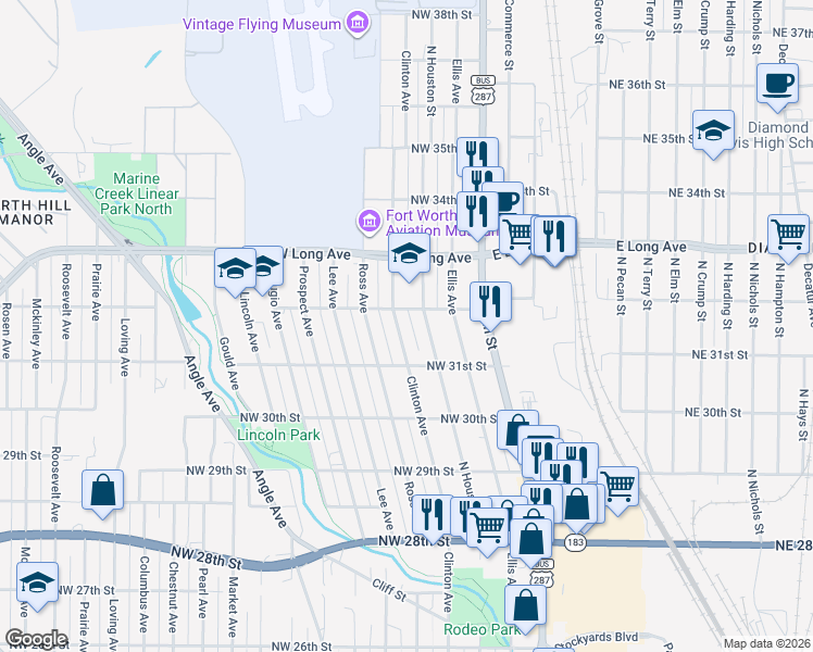 map of restaurants, bars, coffee shops, grocery stores, and more near 3112 Clinton Avenue in Fort Worth