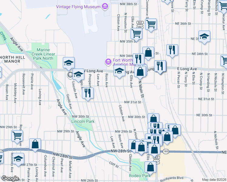 map of restaurants, bars, coffee shops, grocery stores, and more near 3112 Clinton Avenue in Fort Worth