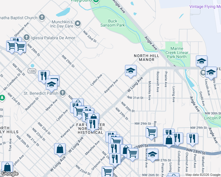 map of restaurants, bars, coffee shops, grocery stores, and more near 2723 Northwest 30th Street in Fort Worth