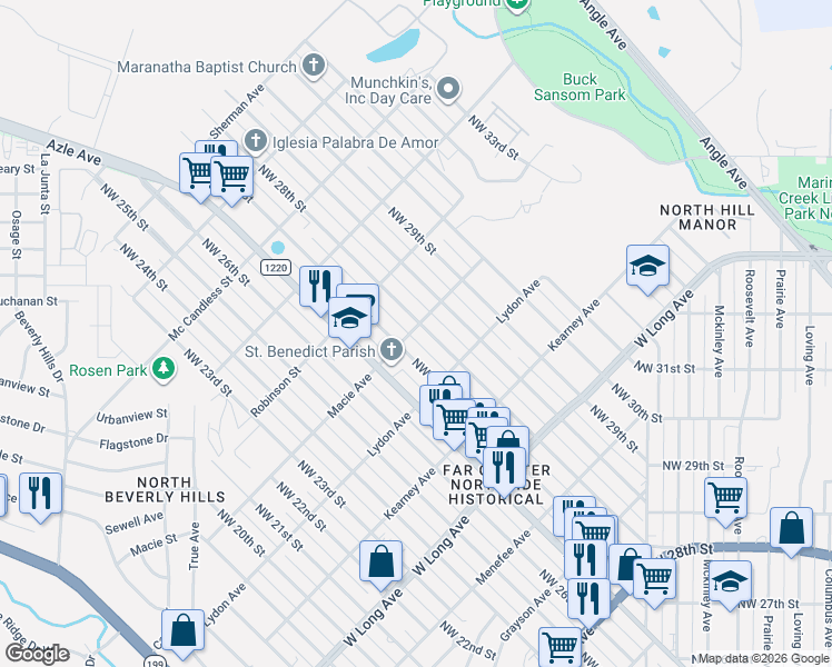 map of restaurants, bars, coffee shops, grocery stores, and more near 2609 Macie Avenue in Fort Worth