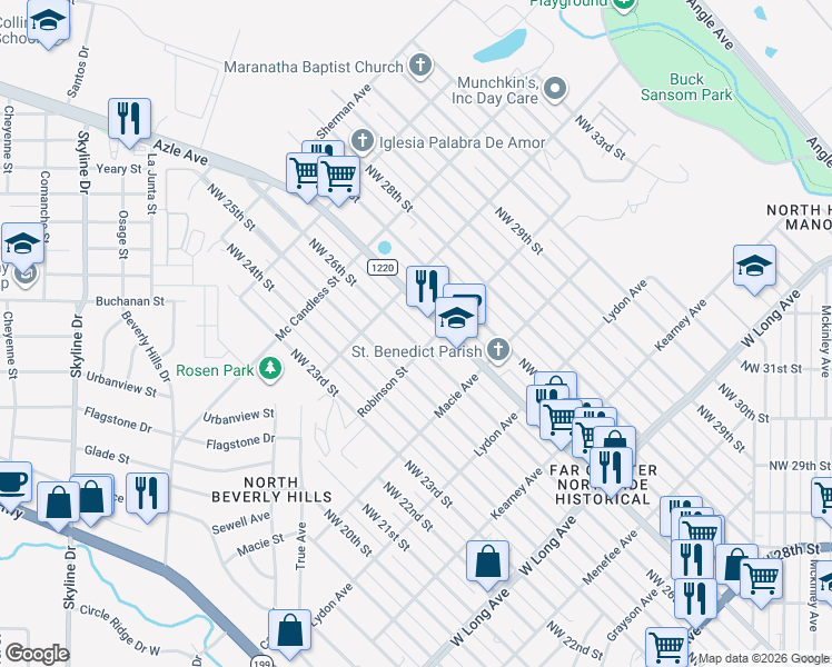 map of restaurants, bars, coffee shops, grocery stores, and more near 3100 Northwest 26th Street in Fort Worth