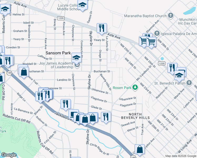 map of restaurants, bars, coffee shops, grocery stores, and more near 2720 La Monde Terrace in Fort Worth