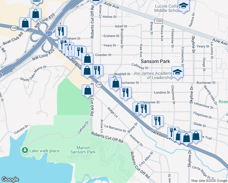 map of restaurants, bars, coffee shops, grocery stores, and more near 5810 Jacksboro Highway in Fort Worth