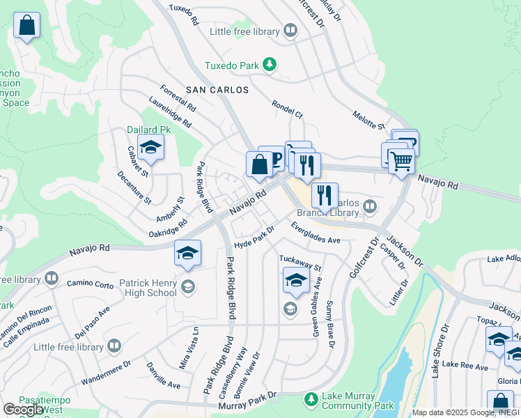 map of restaurants, bars, coffee shops, grocery stores, and more near 6868 Hyde Park Drive in San Diego