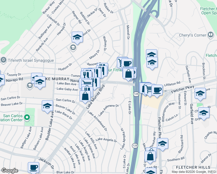 map of restaurants, bars, coffee shops, grocery stores, and more near 8767 Navajo Road in San Diego