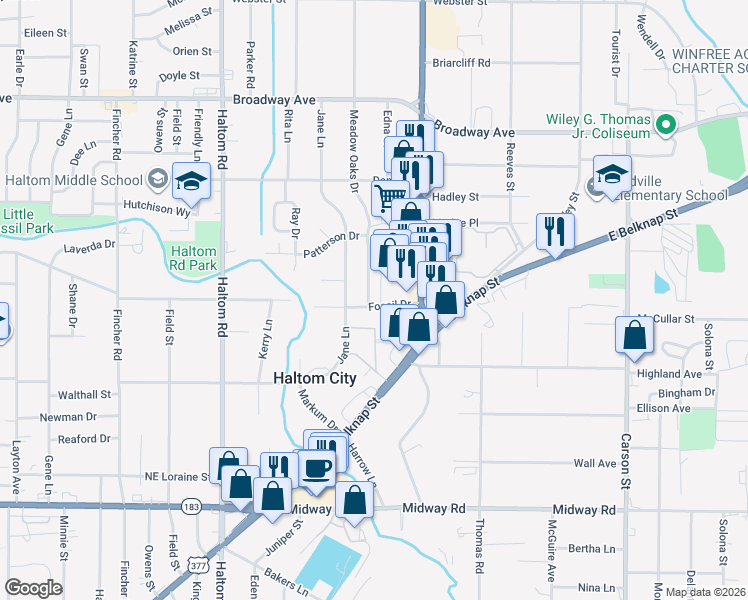 map of restaurants, bars, coffee shops, grocery stores, and more near 5424 Fossil Drive in Fort Worth
