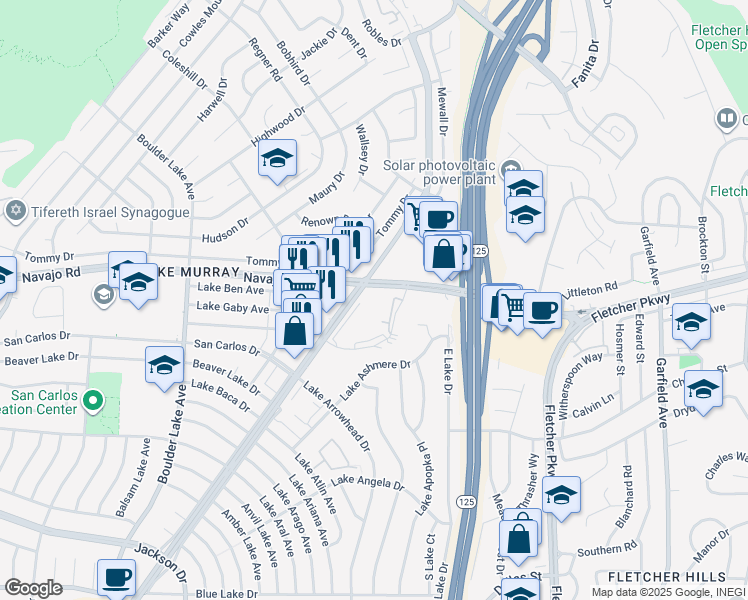 map of restaurants, bars, coffee shops, grocery stores, and more near 8767 Navajo Road in San Diego