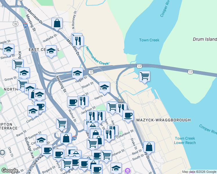 map of restaurants, bars, coffee shops, grocery stores, and more near 832-836 Morrison Dr in Charleston