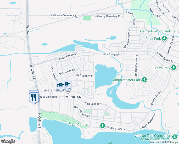 map of restaurants, bars, coffee shops, grocery stores, and more near 1121 Ivy Charm Way in Arlington