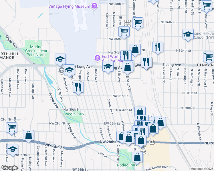 map of restaurants, bars, coffee shops, grocery stores, and more near 3112 Clinton Avenue in Fort Worth