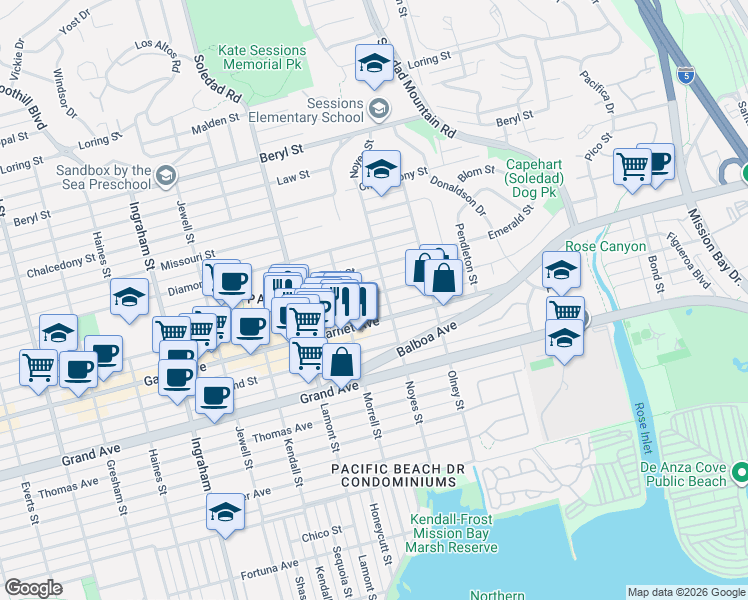 map of restaurants, bars, coffee shops, grocery stores, and more near 2057-59 Felspar Street in San Diego