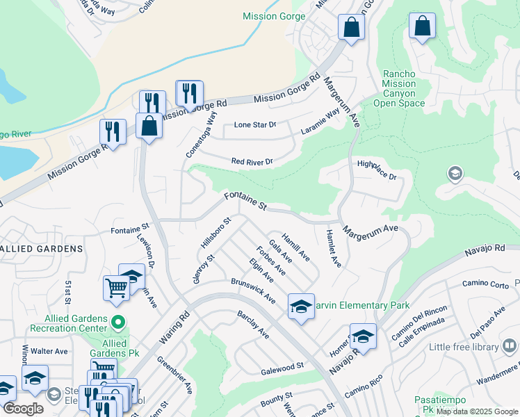 map of restaurants, bars, coffee shops, grocery stores, and more near 5643 Fontaine Street in San Diego