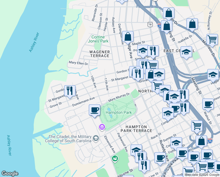 map of restaurants, bars, coffee shops, grocery stores, and more near 30 Dunnemann Avenue in Charleston