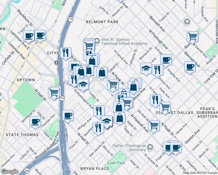 map of restaurants, bars, coffee shops, grocery stores, and more near 1916 North Haskell Avenue in Dallas