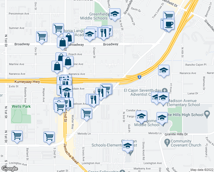 map of restaurants, bars, coffee shops, grocery stores, and more near 1440 Oakdale Avenue in El Cajon