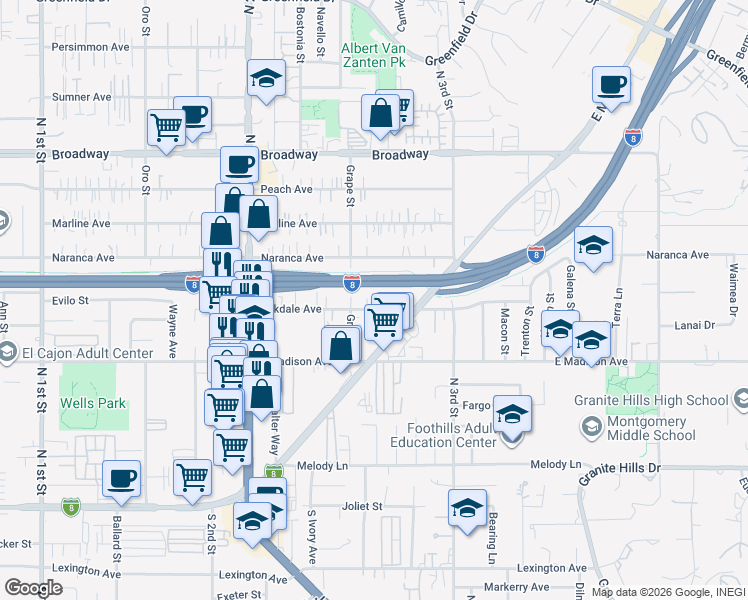 map of restaurants, bars, coffee shops, grocery stores, and more near 1405 Oakdale Avenue in El Cajon